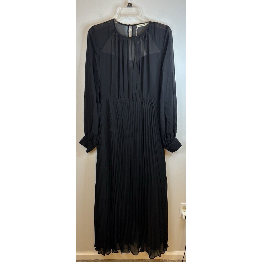 FEHAUTE Pleated Chiffon Black Long Sleeve A Line Maxi Dress 4 Round Neck Party